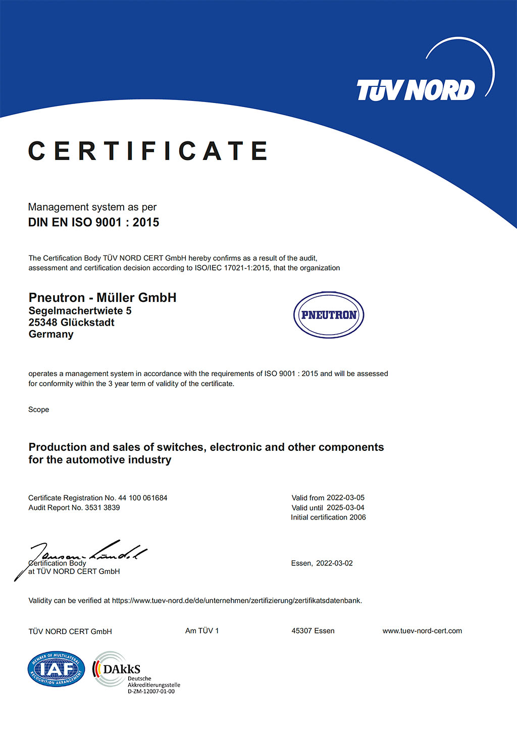 Certificate DIN EN ISO 9001