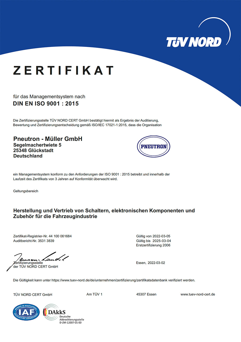 Zertifikat DIN EN ISO 9001